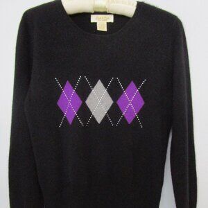 Argyle CASHMERE Intarsia Pullover Sweater Black Purple Gray Knit Plaid